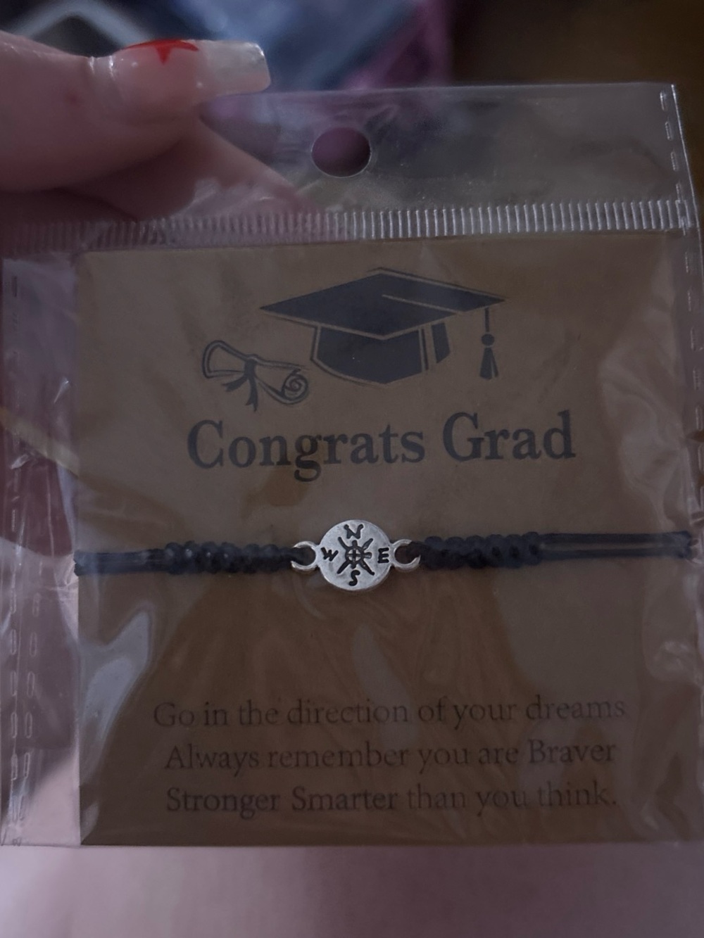 Compass Charm Black Cord Bracelet - Congrats Grad